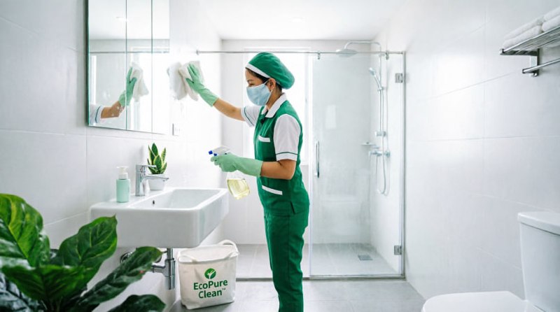 Asian cleaner wiping a clean bathroom mirror in Singapore