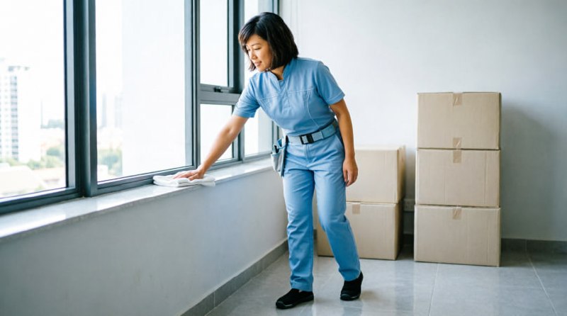 Cleaner handling move in or move out cleaning with moving boxes in a bright apartment