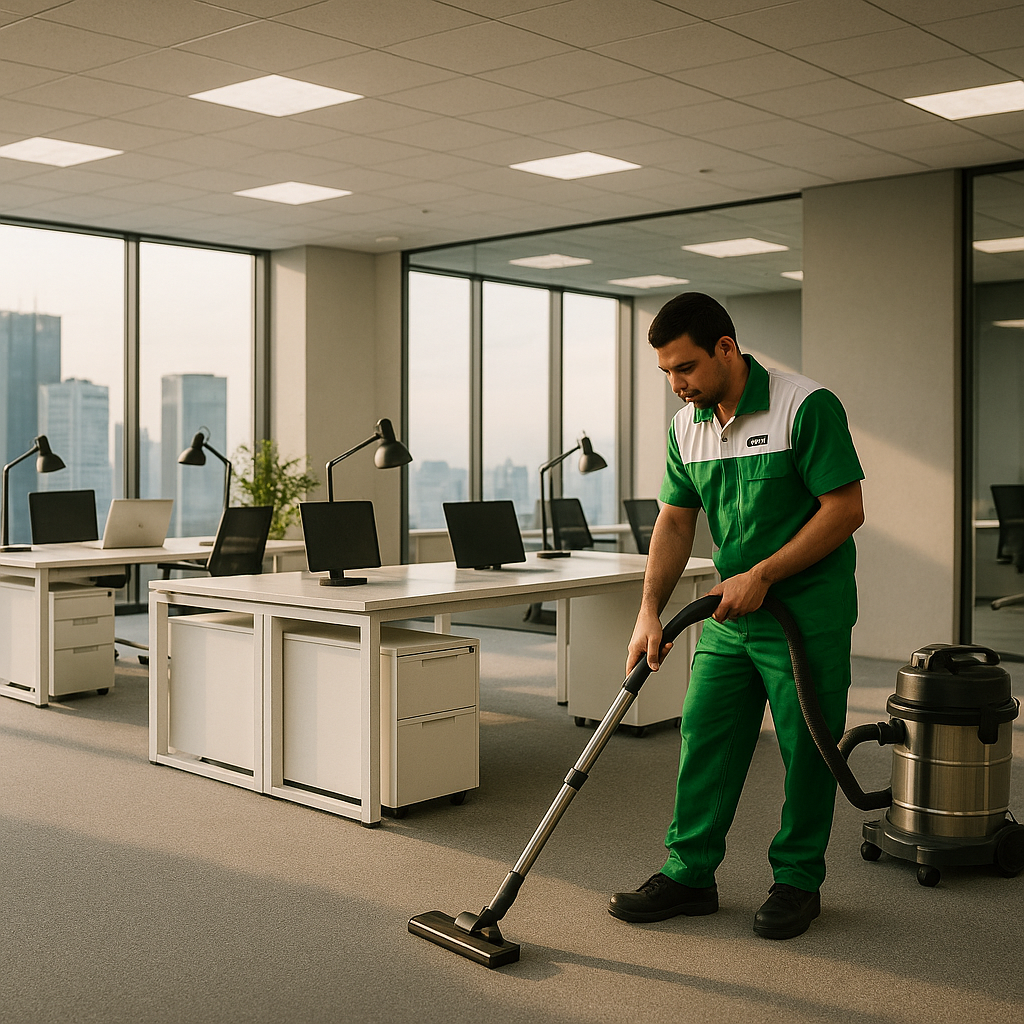 Asian cleaner vacuuming a modern Singapore office with a subtle VKL logo on the uniform